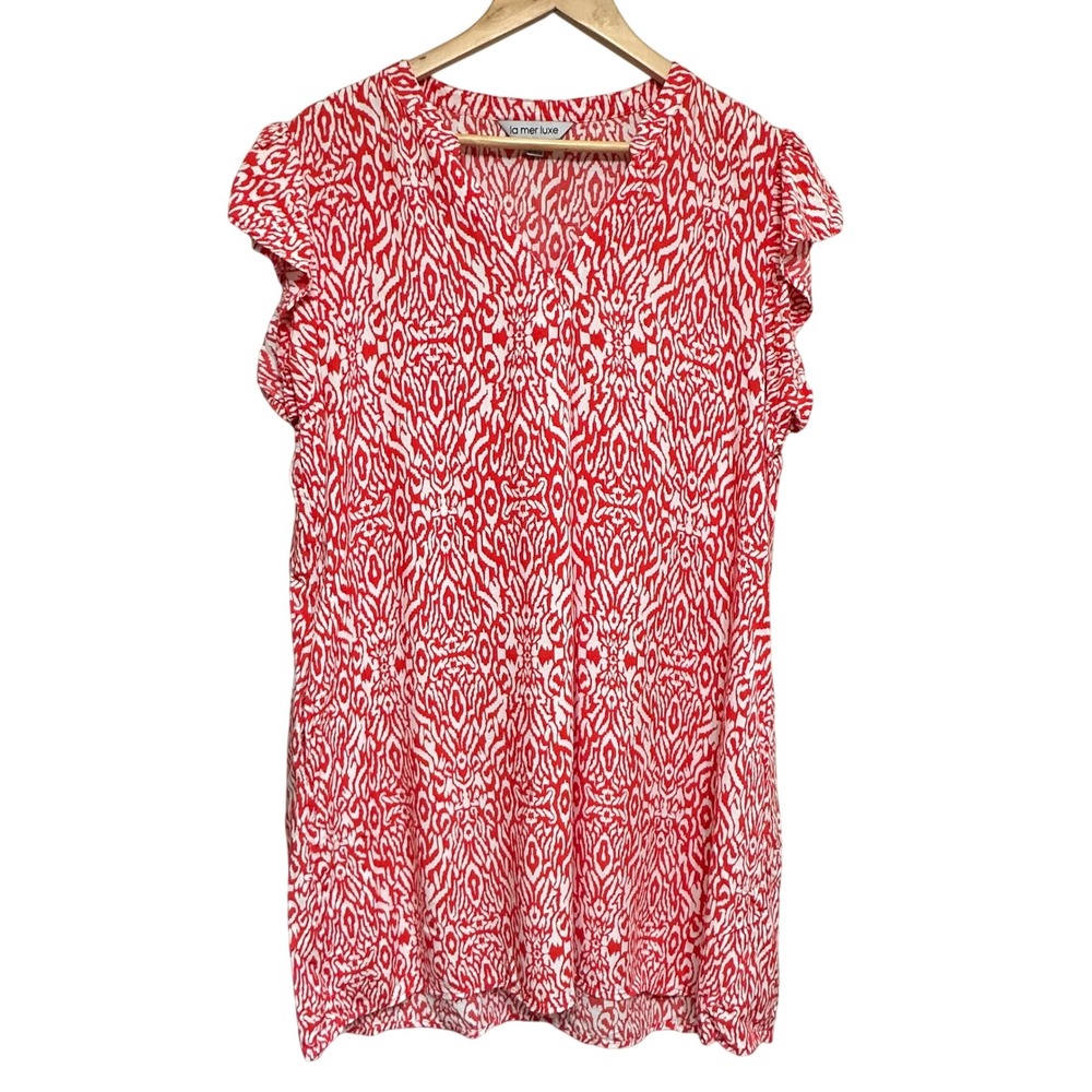 La Mer Luxe Coral Resort Print Dress Ruffle Sleeve Casual Summer Womens XL Beach